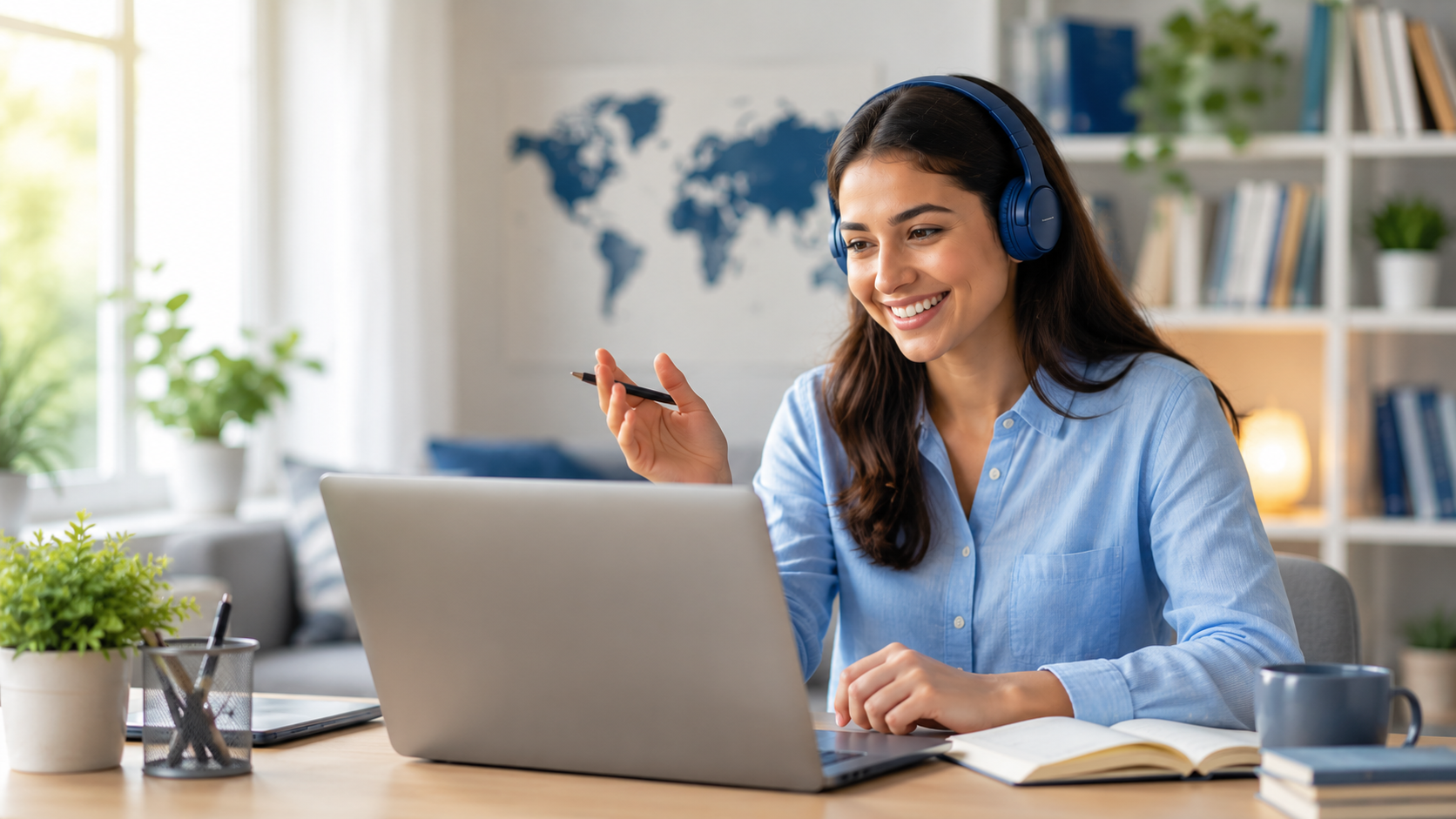 Smiling student taking an online English lesson with headphones